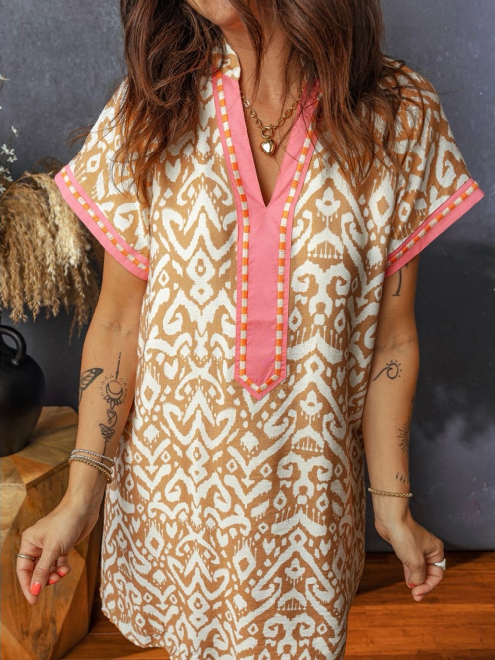 Pink Trim Ikat Shift Dress